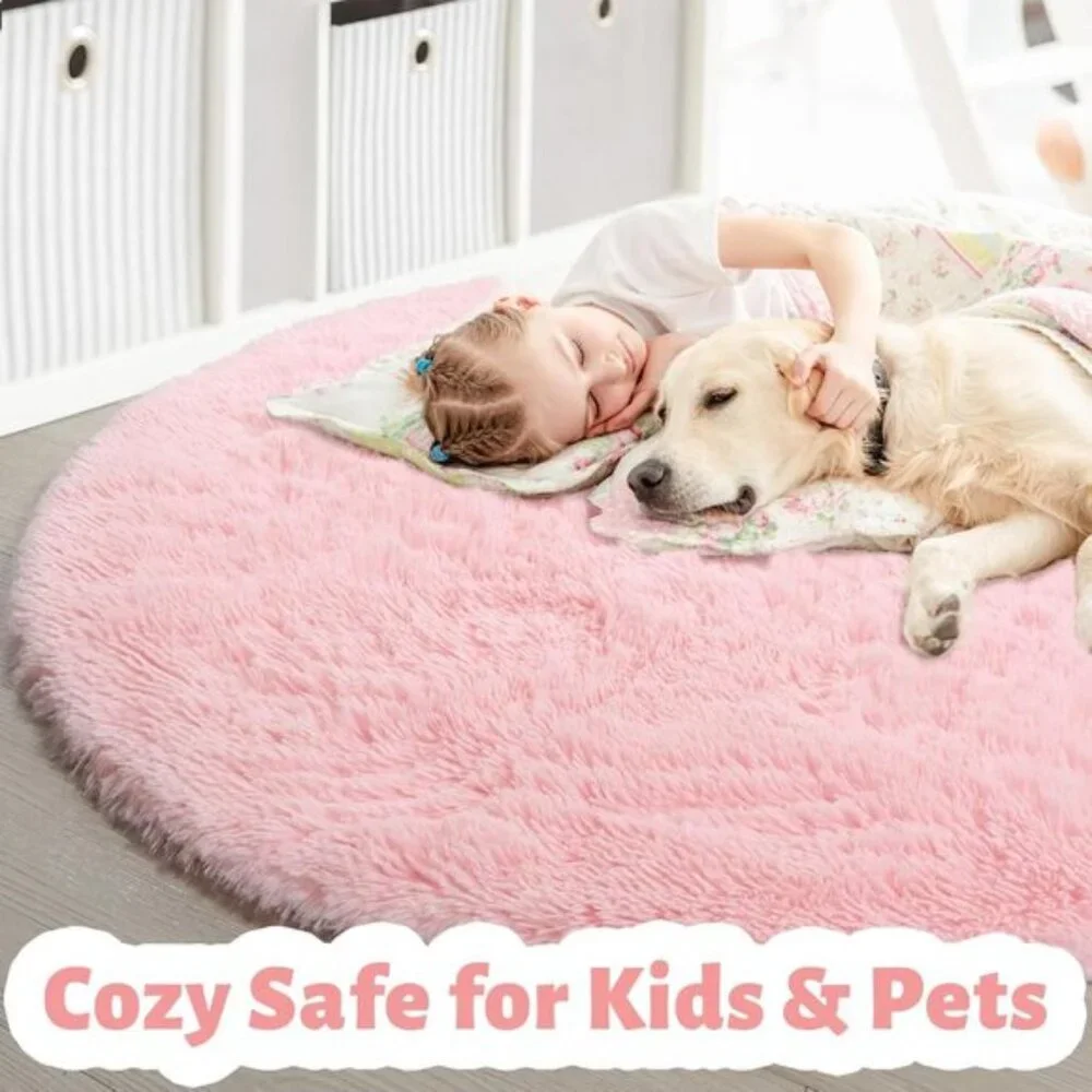 New 4Ft Pink Round Rug, Fluffy Washable Shag Carpet for Girls’ Bedroom & Nursery